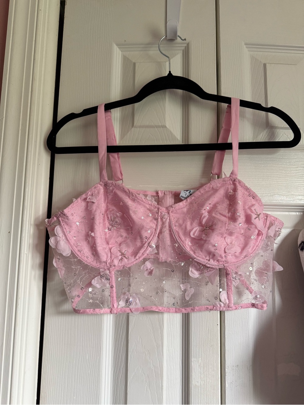 iHeartRaves Pink Embroidered and sequin flower Sheer Longline Crop Bralette